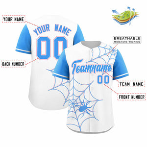 Custom White-Powder Blue Spider Web Pattern Raglan Sleeves Authentic Baseball Jersey