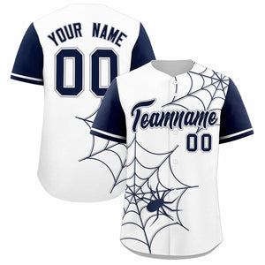 Custom White-Navy Spider Web Pattern Raglan Sleeves Authentic Baseball Jersey