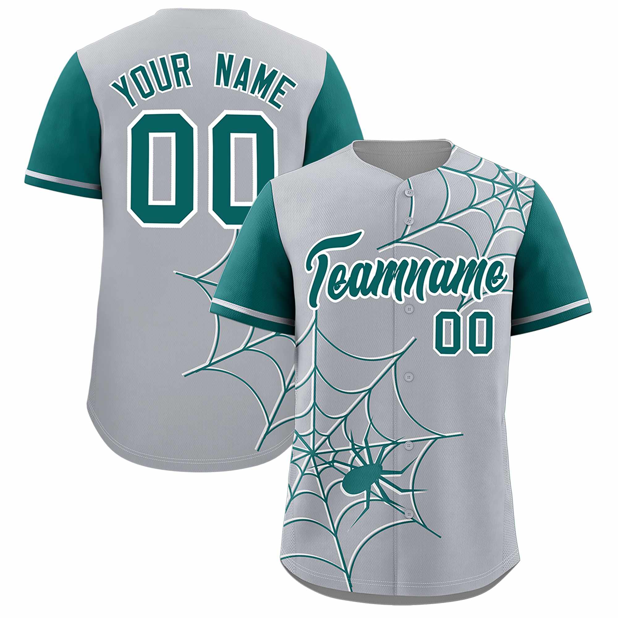 Custom Gray-Aqua Spider Web Pattern Raglan Sleeves Authentic Baseball Jersey