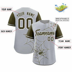 Custom Gray-Olive Spider Web Pattern Raglan Sleeves Authentic Baseball Jersey