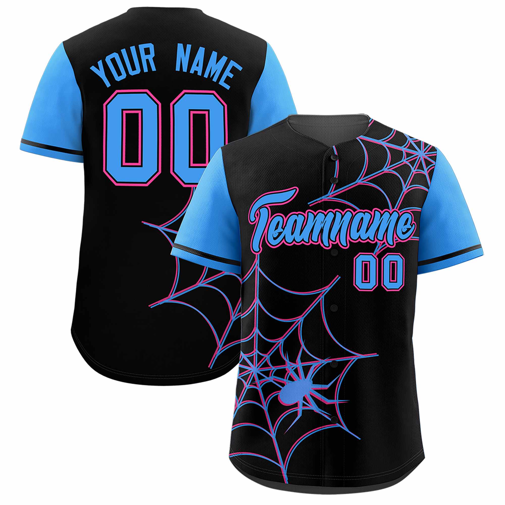 Custom Black-Powder Blue Spider Web Pattern Raglan Sleeves Authentic Baseball Jersey