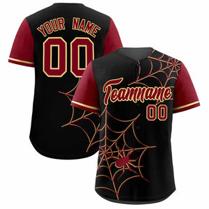 Custom Black-Crimson Spider Web Pattern Raglan Sleeves Authentic Baseball Jersey