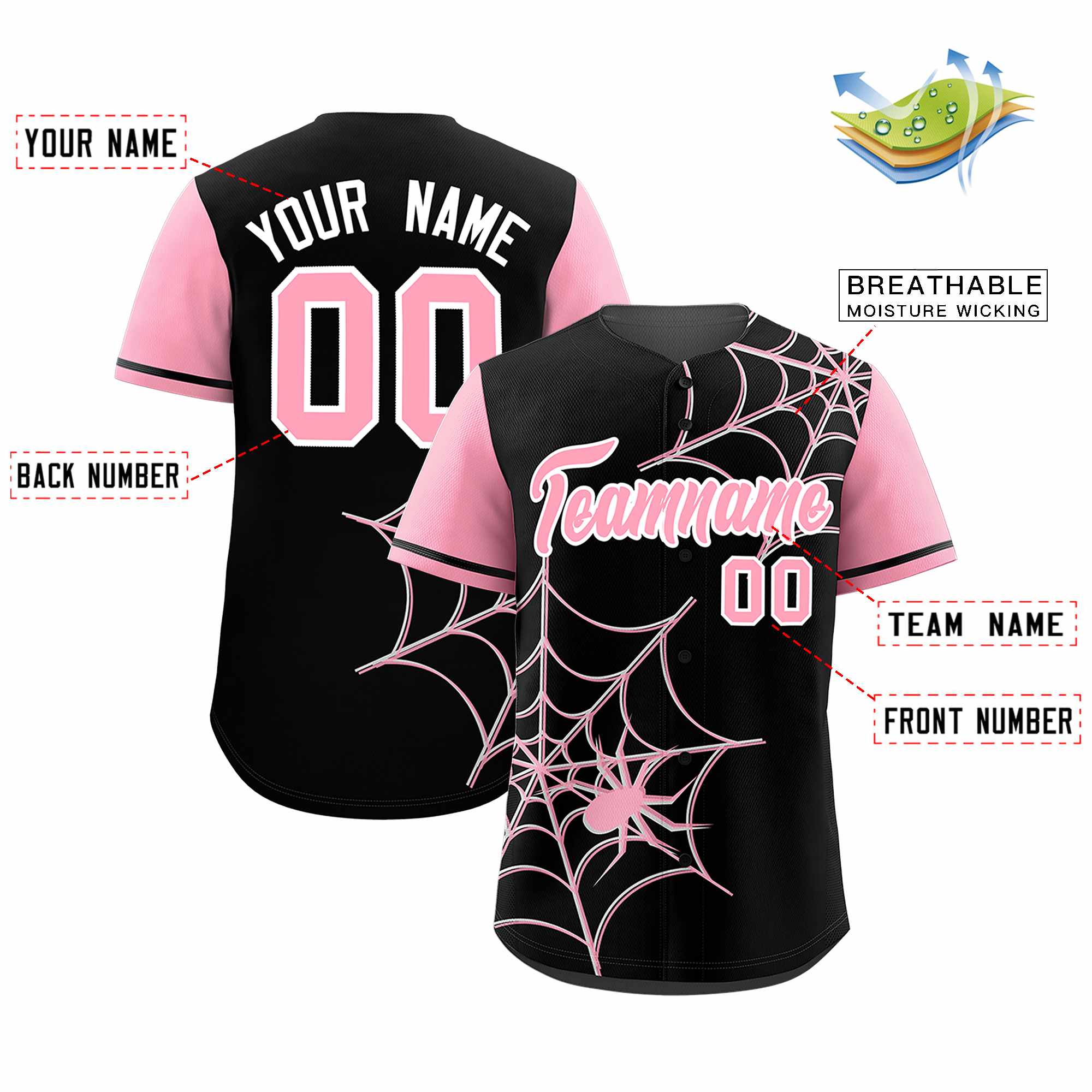 Custom Black-Light Pink Spider Web Pattern Raglan Sleeves Authentic Baseball Jersey