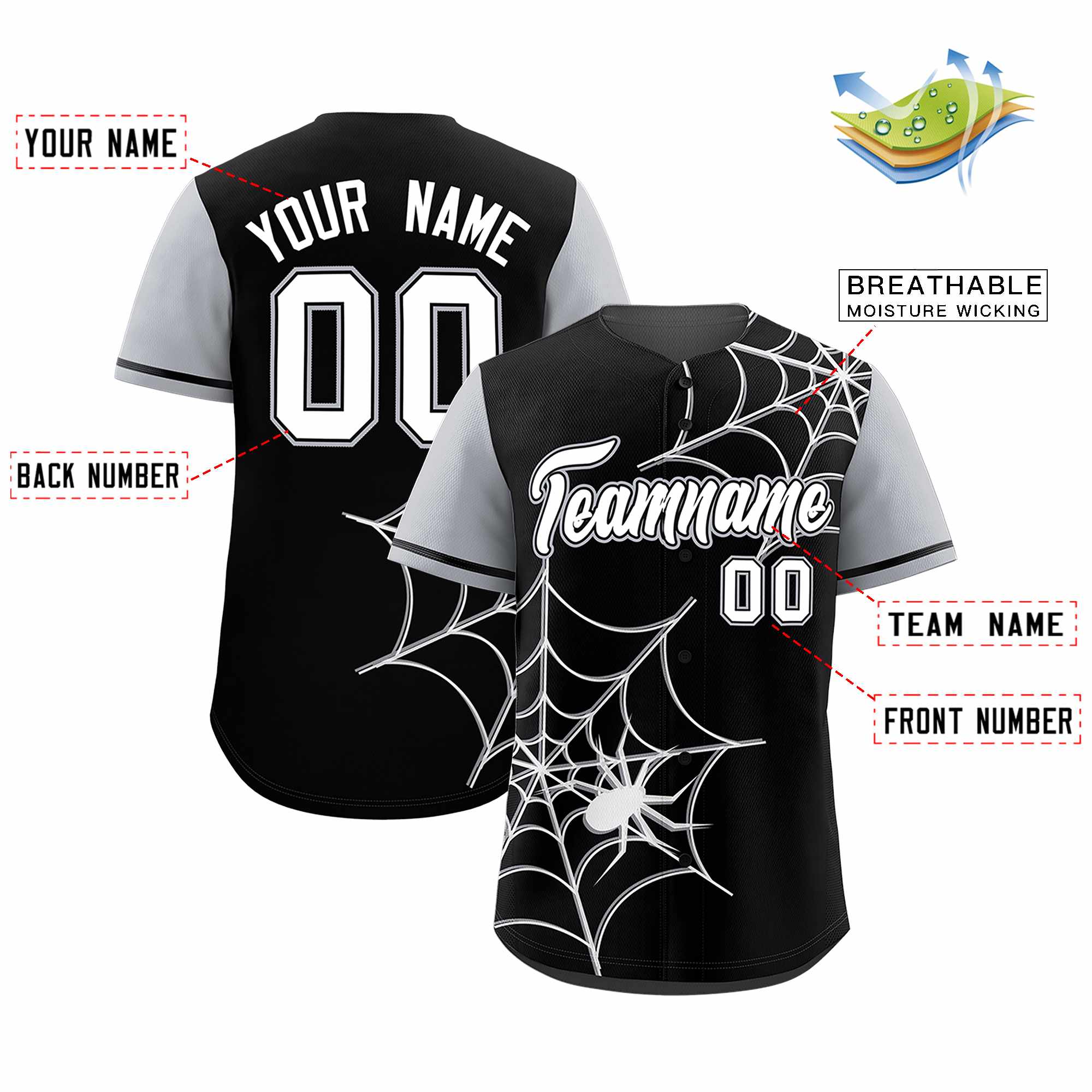 Custom Black-Gray Spider Web Pattern Raglan Sleeves Authentic Baseball Jersey