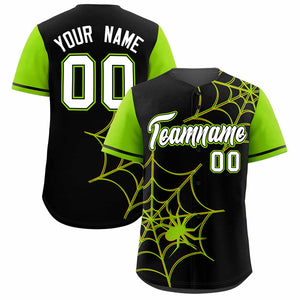 Custom Black-Neon Green Spider Web Pattern Raglan Sleeves Authentic Baseball Jersey