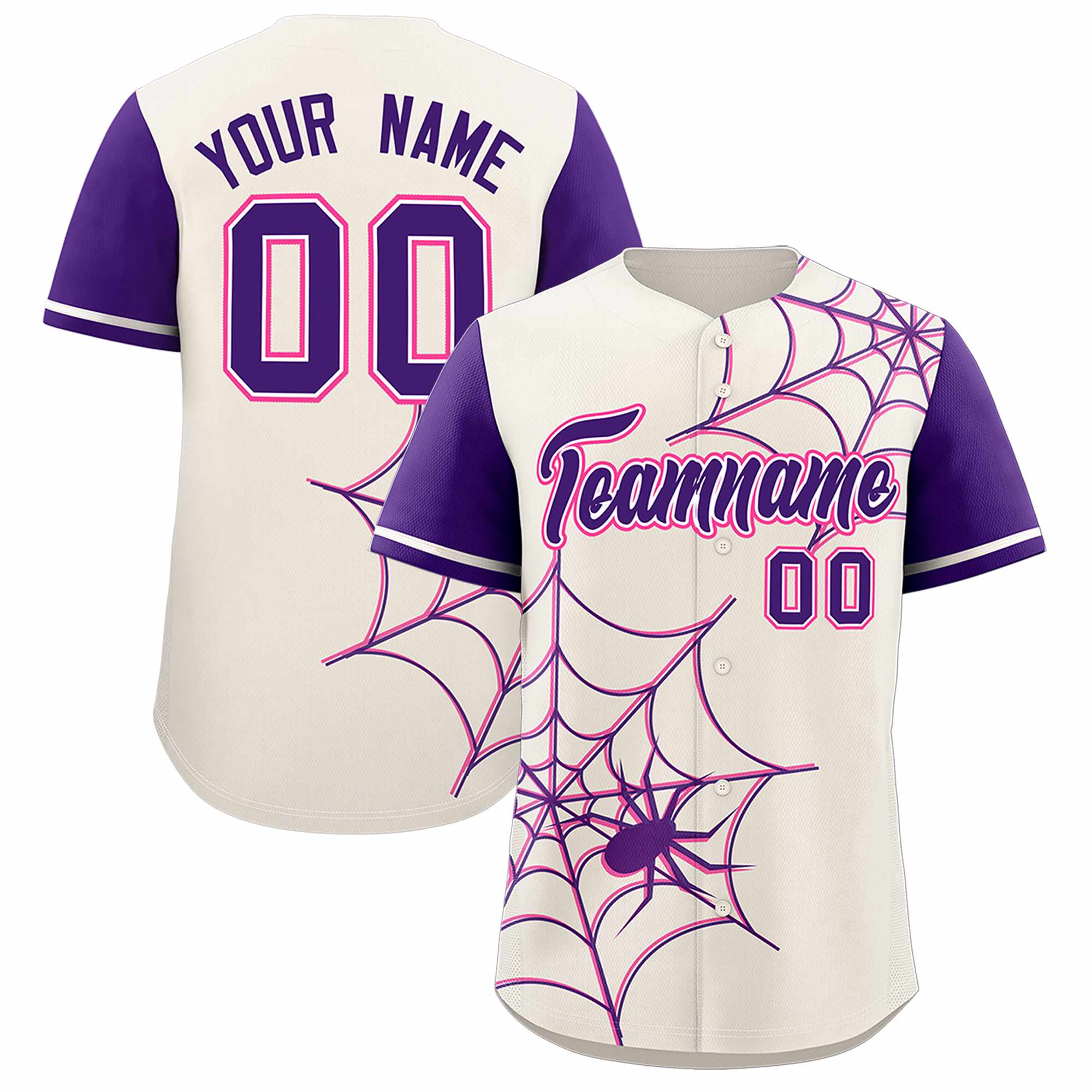 Custom Cream-Purple Spider Web Pattern Raglan Sleeves Authentic Baseball Jersey