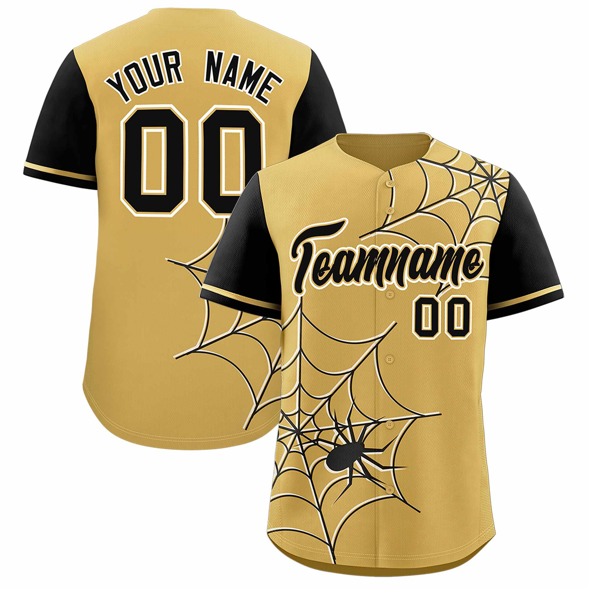 Custom Old Gold-Black Spider Web Pattern Raglan Sleeves Authentic Baseball Jersey