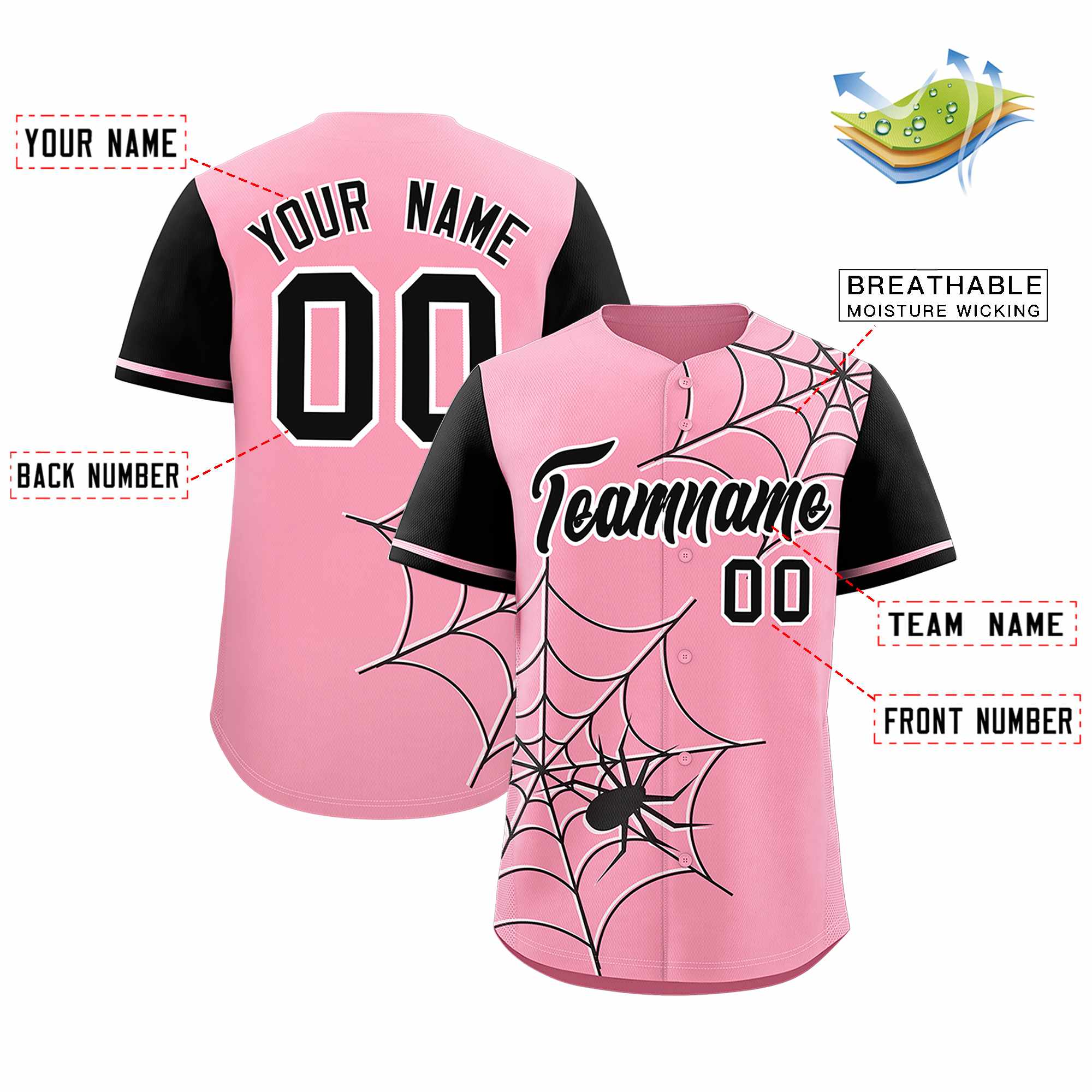 Custom Light Pink-Black Spider Web Pattern Raglan Sleeves Authentic Baseball Jersey