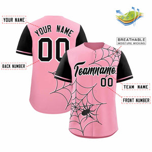 Custom Light Pink-Black Spider Web Pattern Raglan Sleeves Authentic Baseball Jersey