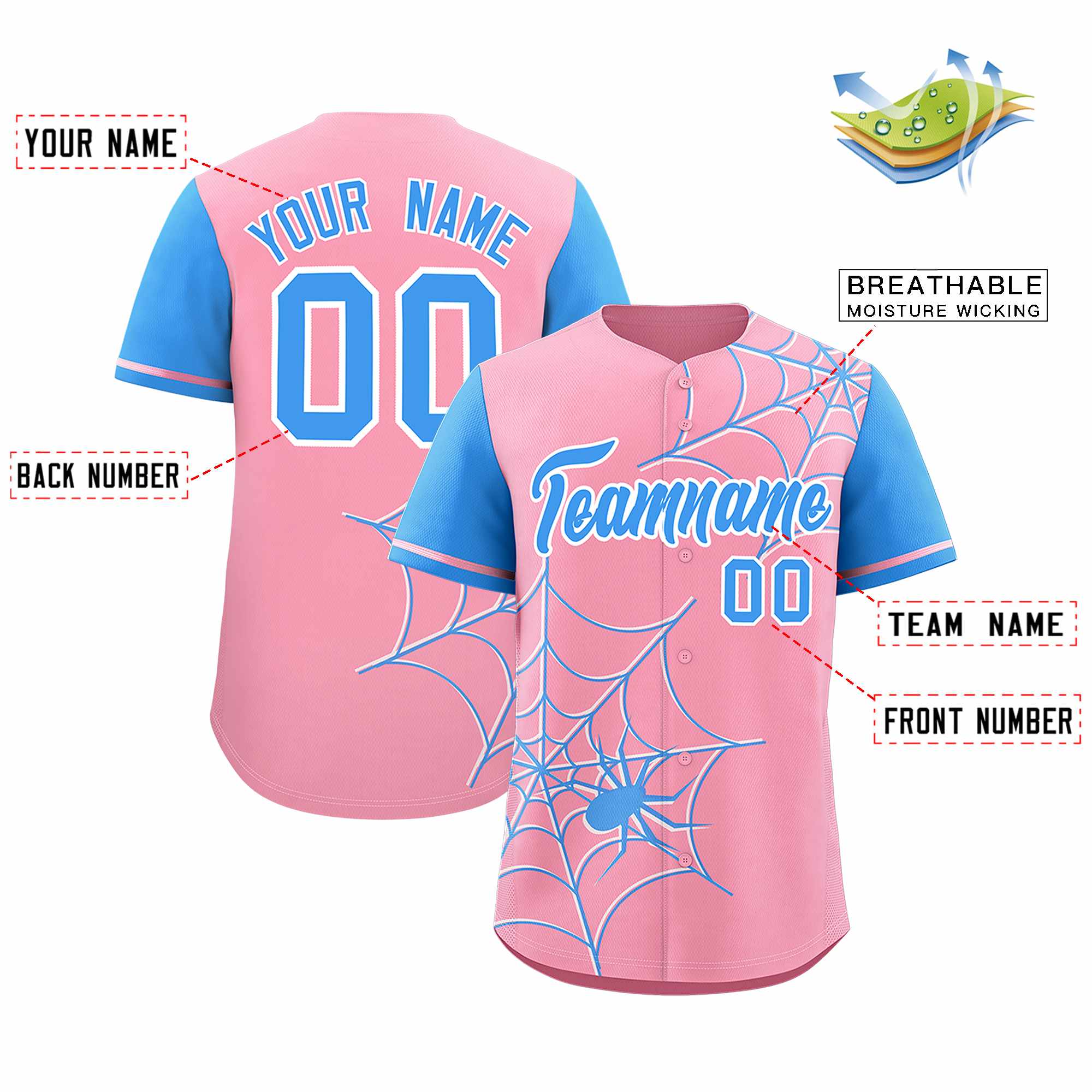 Custom Light Pink-Powder Blue Spider Web Pattern Raglan Sleeves Authentic Baseball Jersey