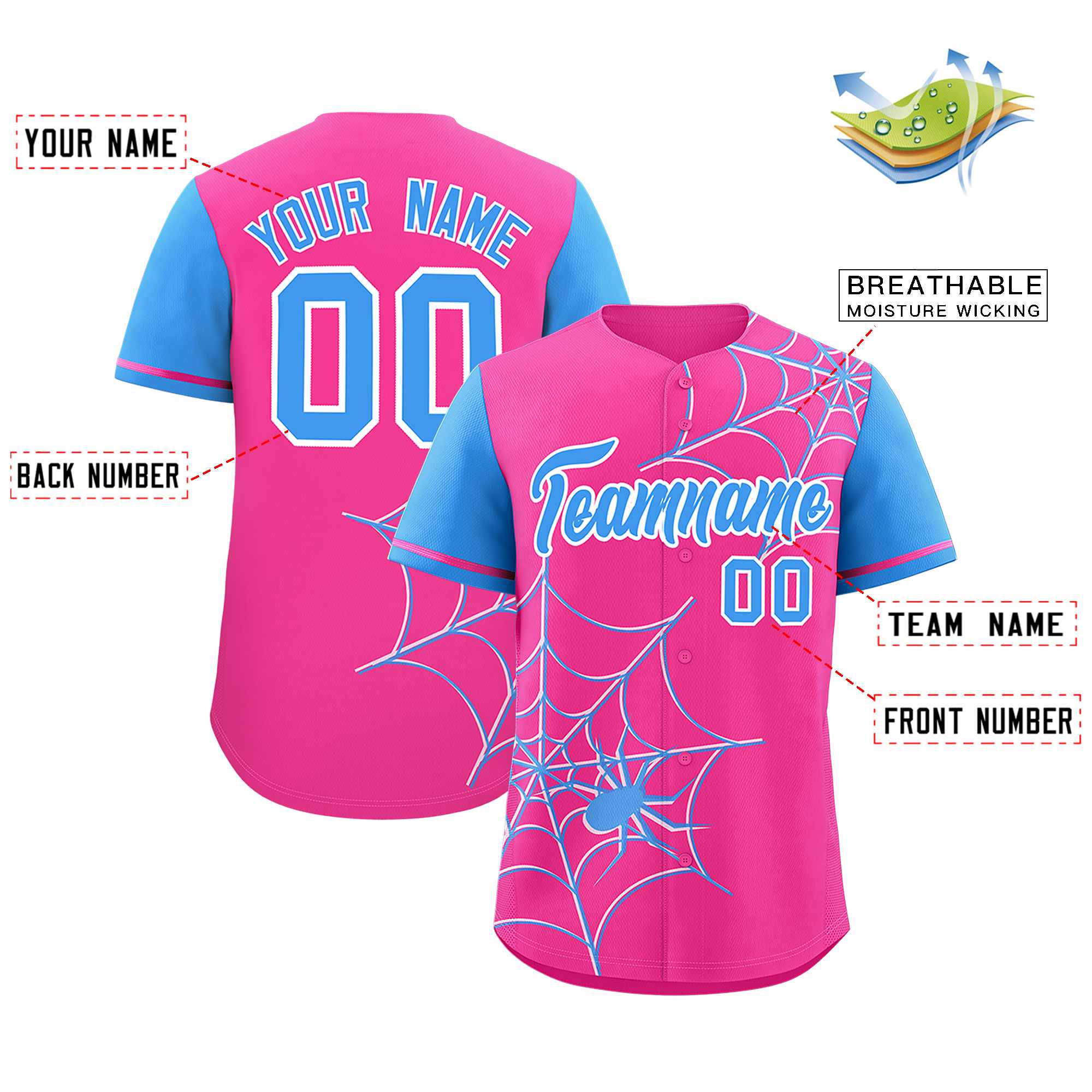 Custom Pink-Powder Blue Spider Web Pattern Raglan Sleeves Authentic Baseball Jersey