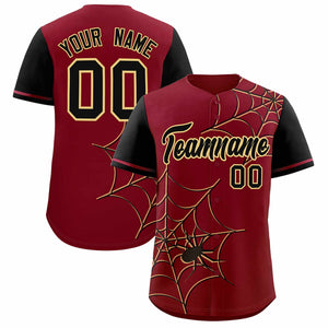 Custom Crimson-Black Spider Web Pattern Raglan Sleeves Authentic Baseball Jersey