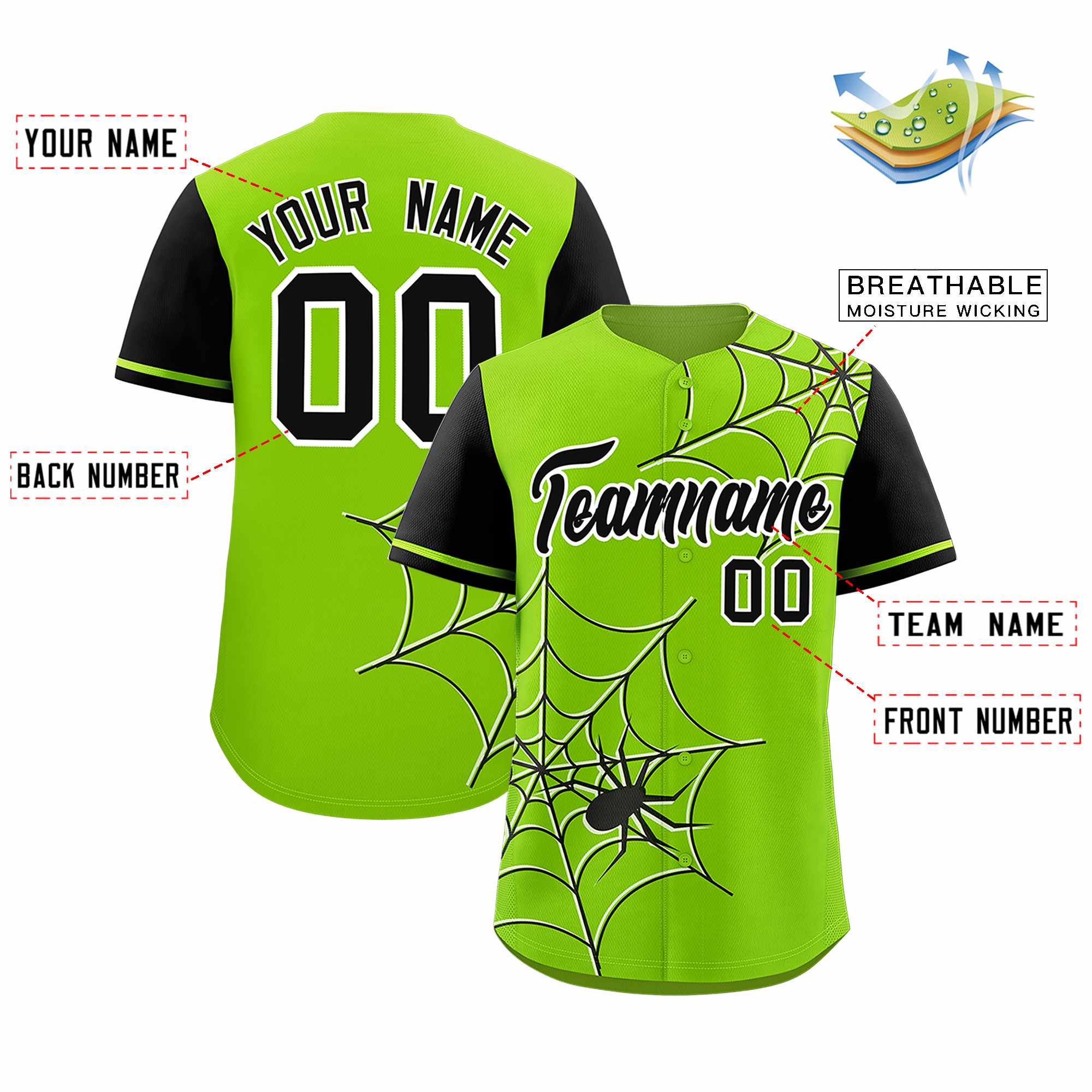 Custom Neon Green-Black Spider Web Pattern Raglan Sleeves Authentic Baseball Jersey