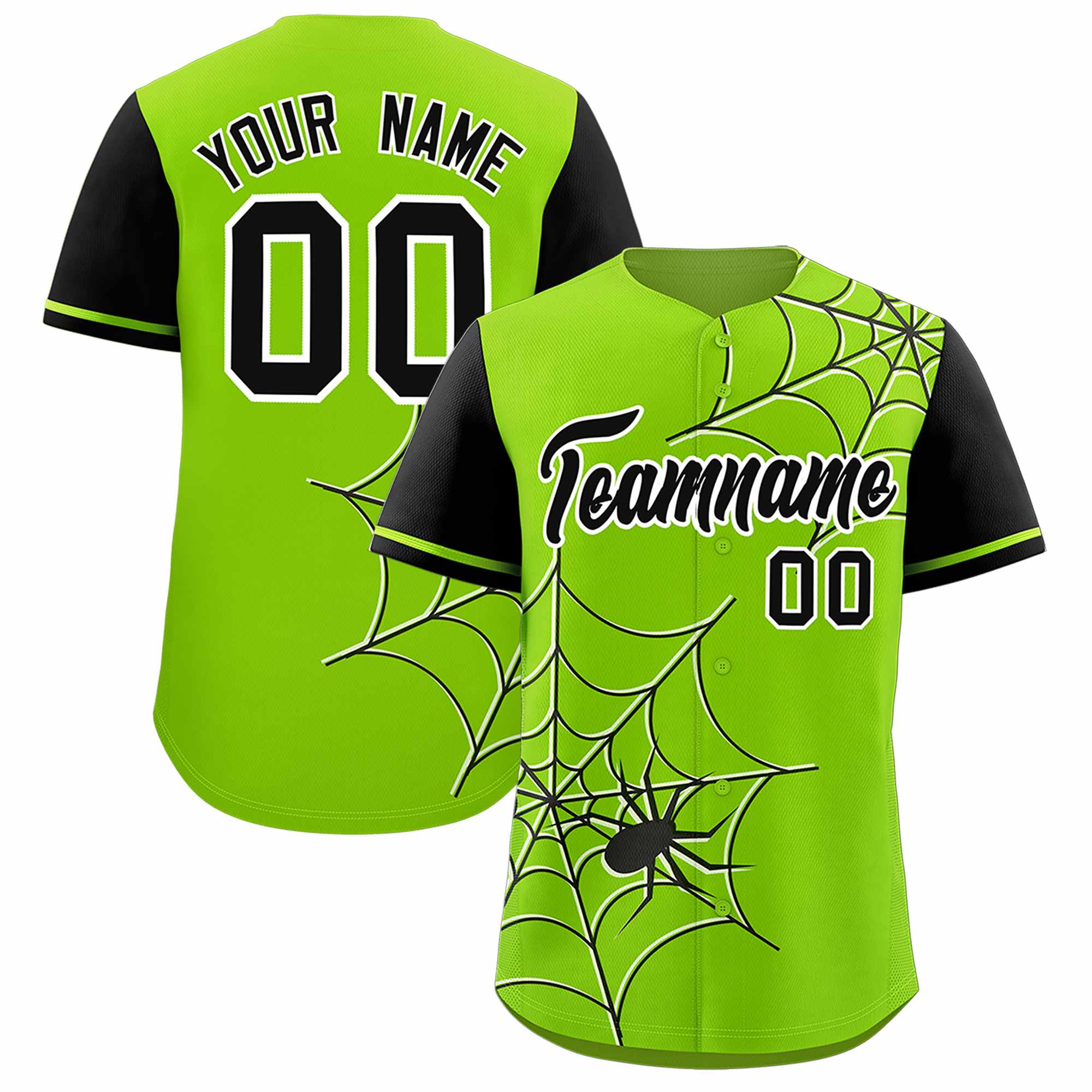 Custom Neon Green-Black Spider Web Pattern Raglan Sleeves Authentic Baseball Jersey