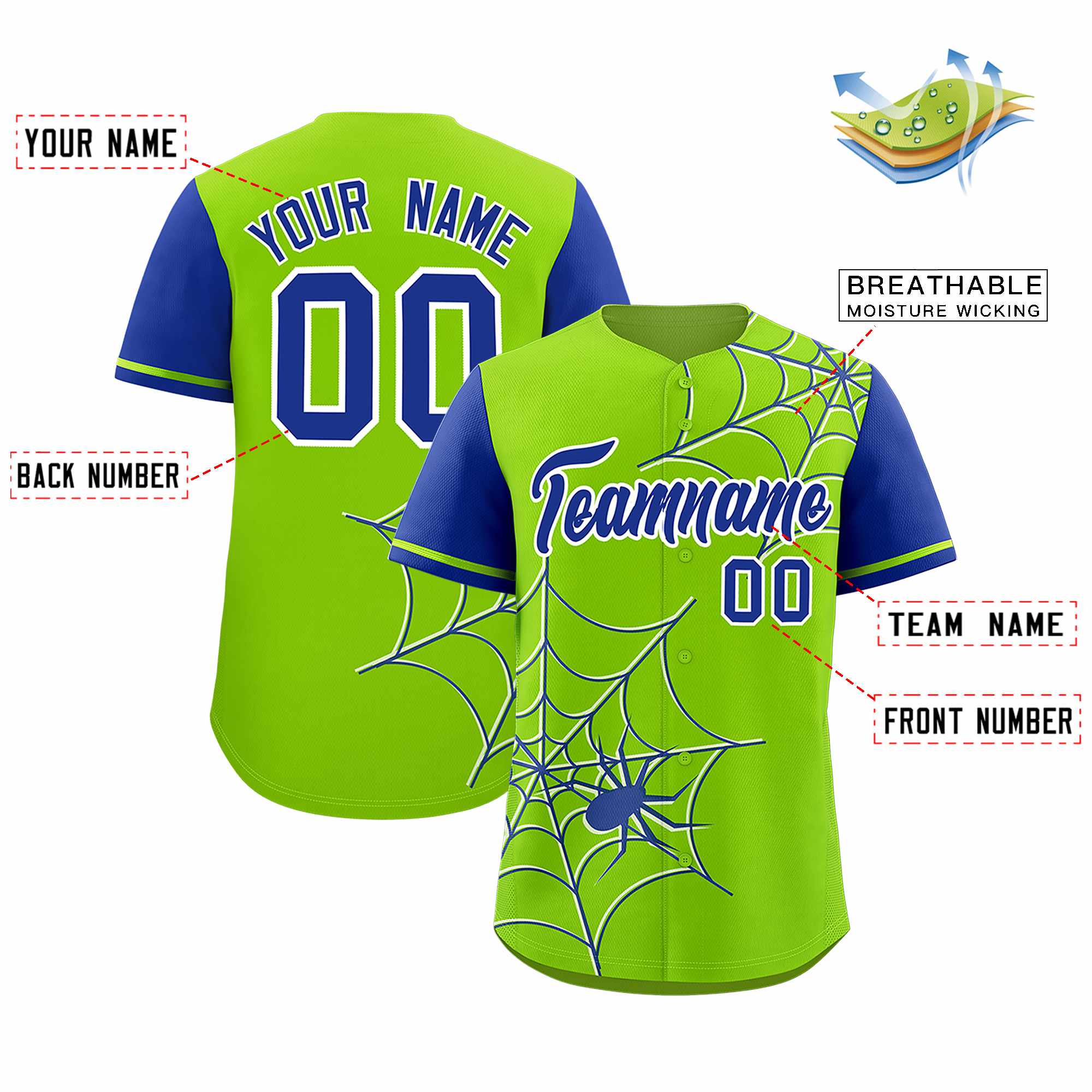 Custom Neon Green-Royal Spider Web Pattern Raglan Sleeves Authentic Baseball Jersey