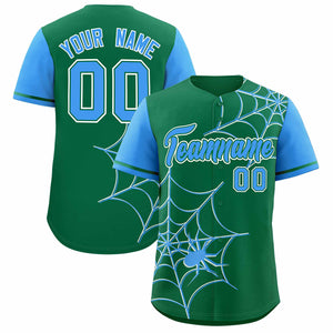 Custom Kelly Green-Powder Blue Spider Web Pattern Raglan Sleeves Authentic Baseball Jersey