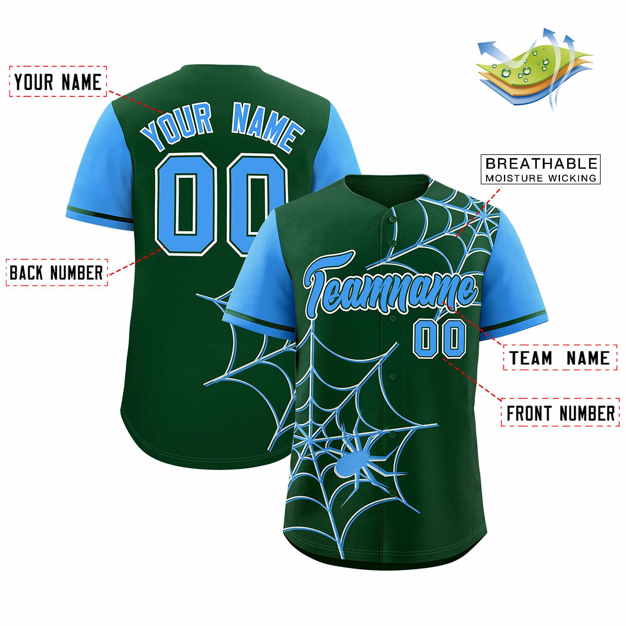 Custom Green-Powder Blue Spider Web Pattern Raglan Sleeves Authentic Baseball Jersey