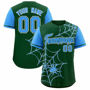 Custom Green-Powder Blue Spider Web Pattern Raglan Sleeves Authentic Baseball Jersey