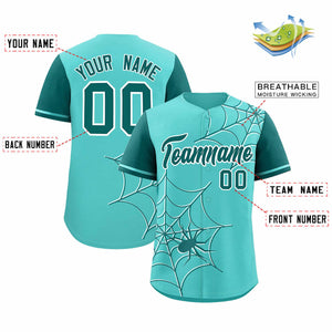 Custom Bright Green-Aqua Spider Web Pattern Raglan Sleeves Authentic Baseball Jersey