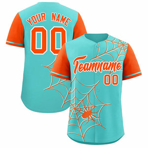 Custom Bright Green-Orange Spider Web Pattern Raglan Sleeves Authentic Baseball Jersey