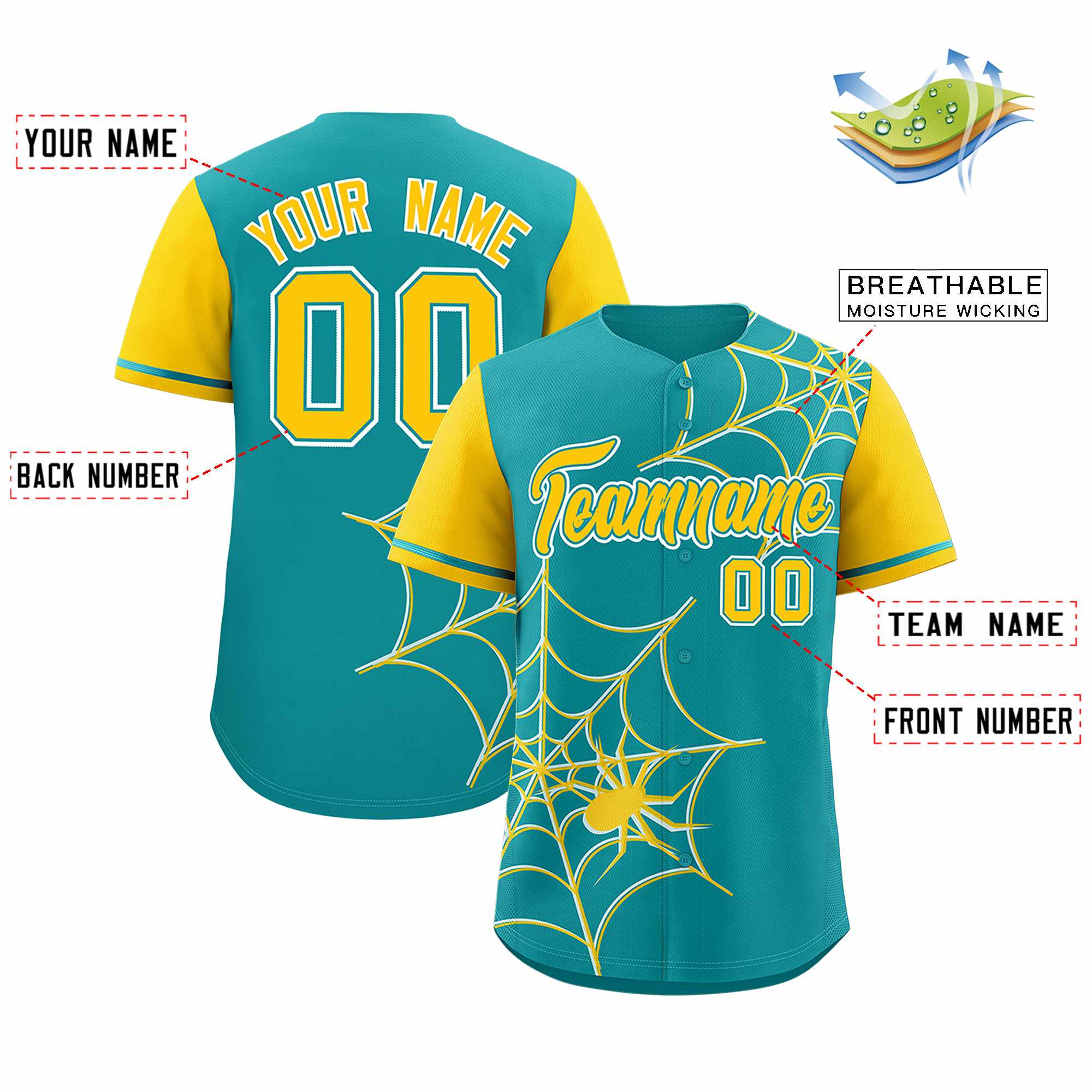 Custom Aqua-Gold Spider Web Pattern Raglan Sleeves Authentic Baseball Jersey