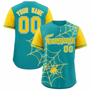 Custom Aqua-Gold Spider Web Pattern Raglan Sleeves Authentic Baseball Jersey