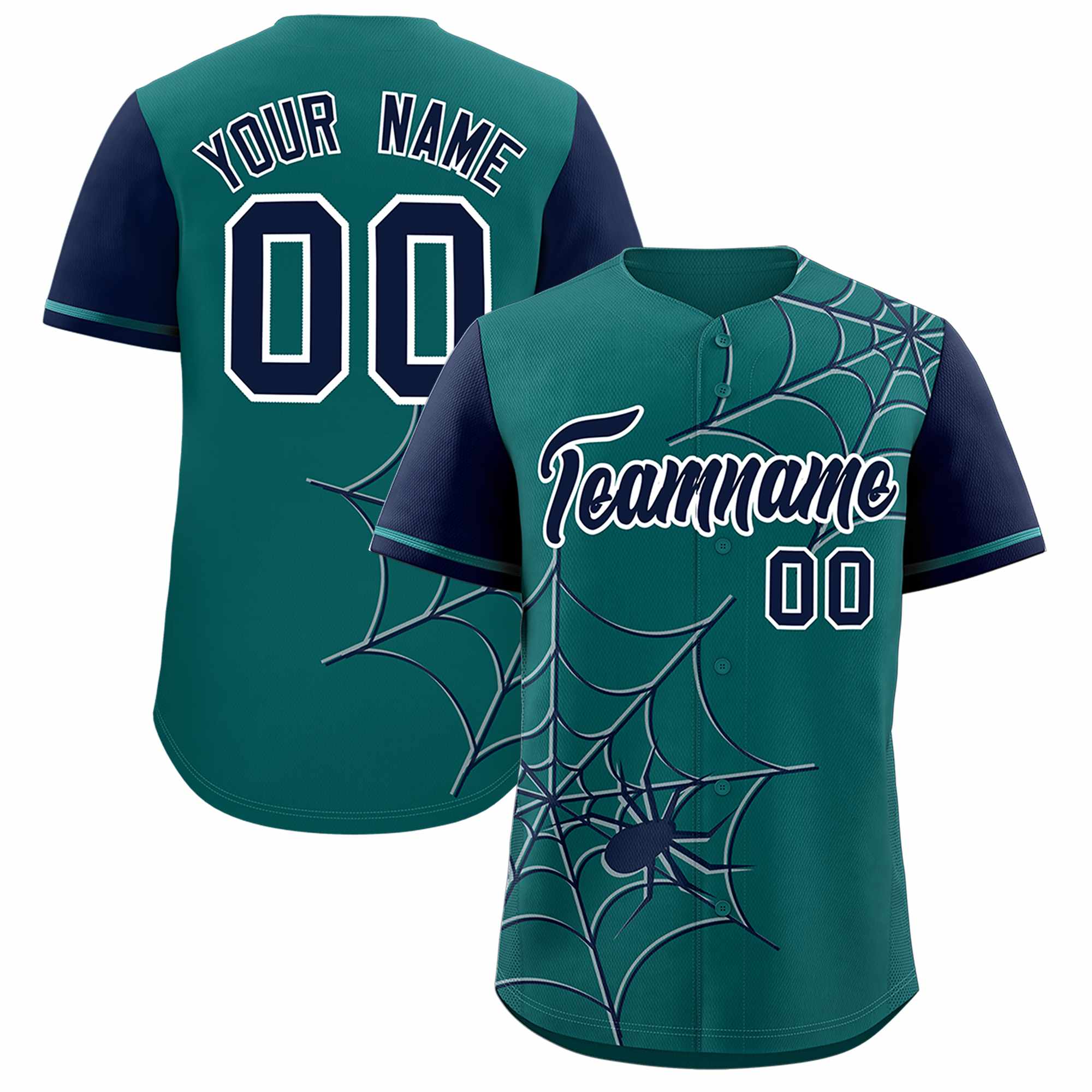 Custom Aqua-Navy Spider Web Pattern Raglan Sleeves Authentic Baseball Jersey