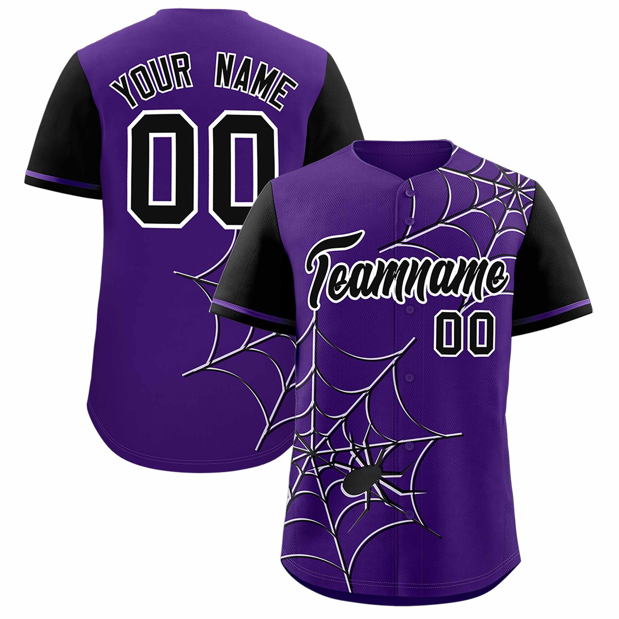 Custom Purple-Black Spider Web Pattern Raglan Sleeves Authentic Baseball Jersey