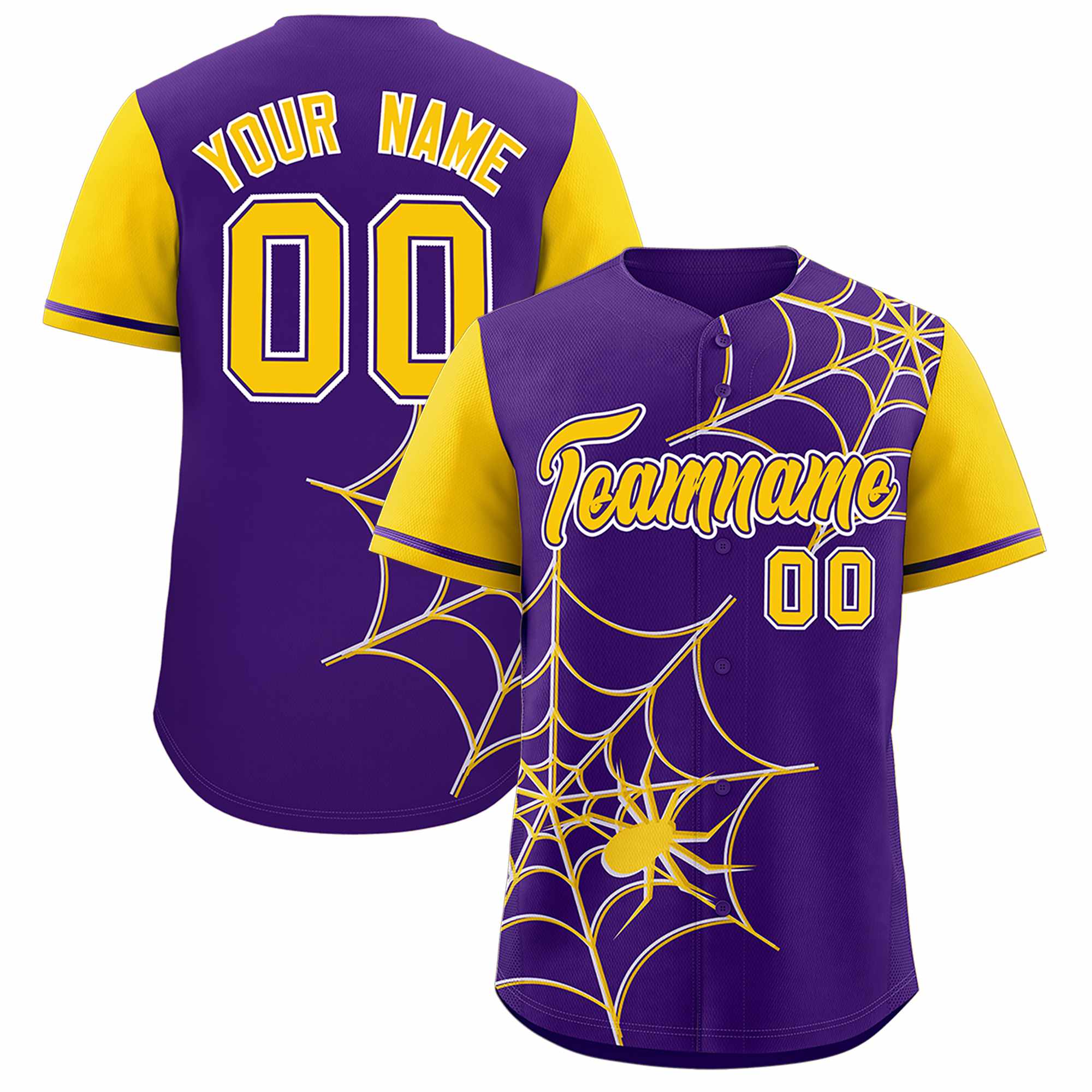 Custom Purple-Gold Spider Web Pattern Raglan Sleeves Authentic Baseball Jersey