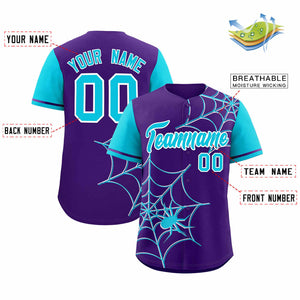 Custom Purple-Sky Blue Spider Web Pattern Raglan Sleeves Authentic Baseball Jersey