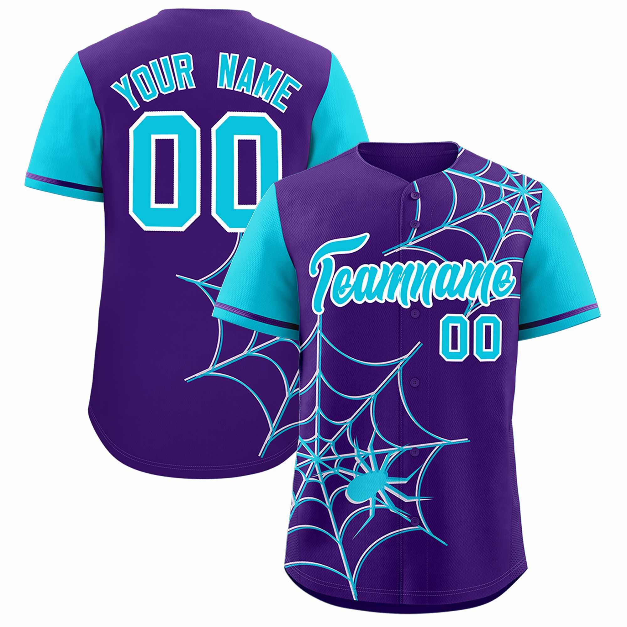 Custom Purple-Sky Blue Spider Web Pattern Raglan Sleeves Authentic Baseball Jersey