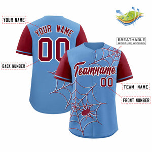 Custom Light Blue-Crimson Spider Web Pattern Raglan Sleeves Authentic Baseball Jersey