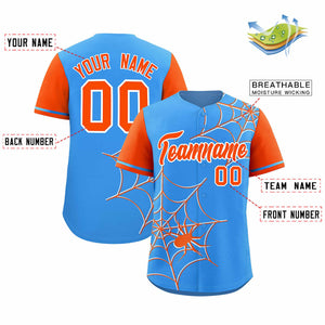 Custom Powder Blue-Orange Spider Web Pattern Raglan Sleeves Authentic Baseball Jersey