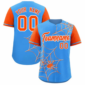 Custom Powder Blue-Orange Spider Web Pattern Raglan Sleeves Authentic Baseball Jersey