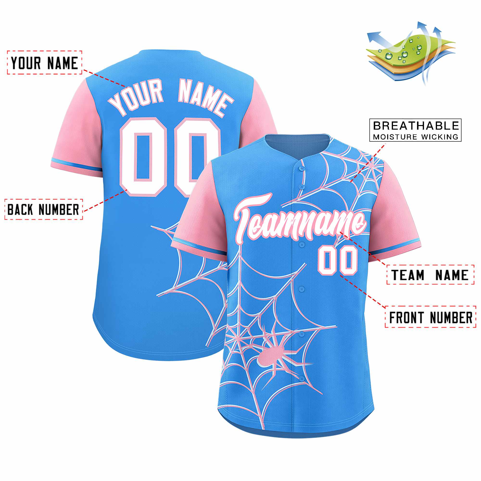 Custom Powder Blue-Light Pink Spider Web Pattern Raglan Sleeves Authentic Baseball Jersey