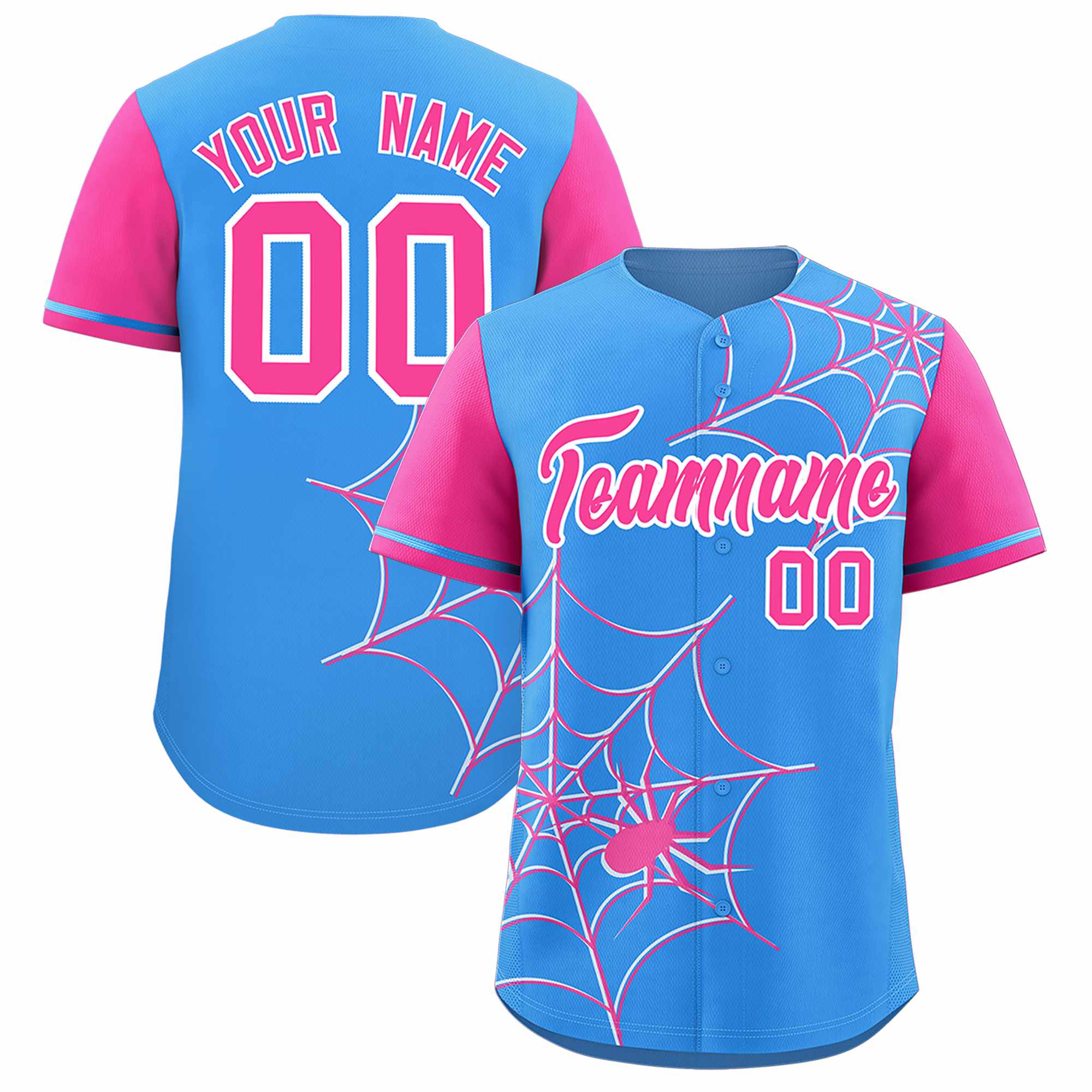 Custom Powder Blue-Pink Spider Web Pattern Raglan Sleeves Authentic Baseball Jersey