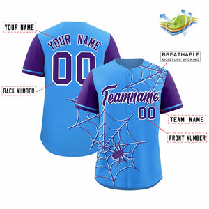 Custom Powder Blue-Purple Spider Web Pattern Raglan Sleeves Authentic Baseball Jersey