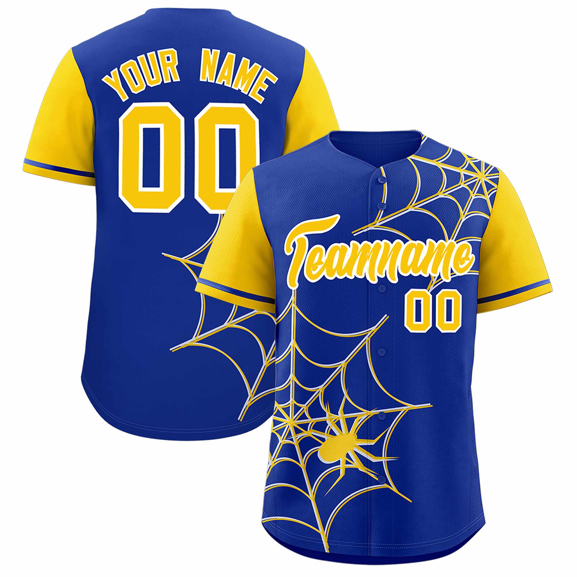 Custom Royal-Gold Spider Web Pattern Raglan Sleeves Authentic Baseball Jersey