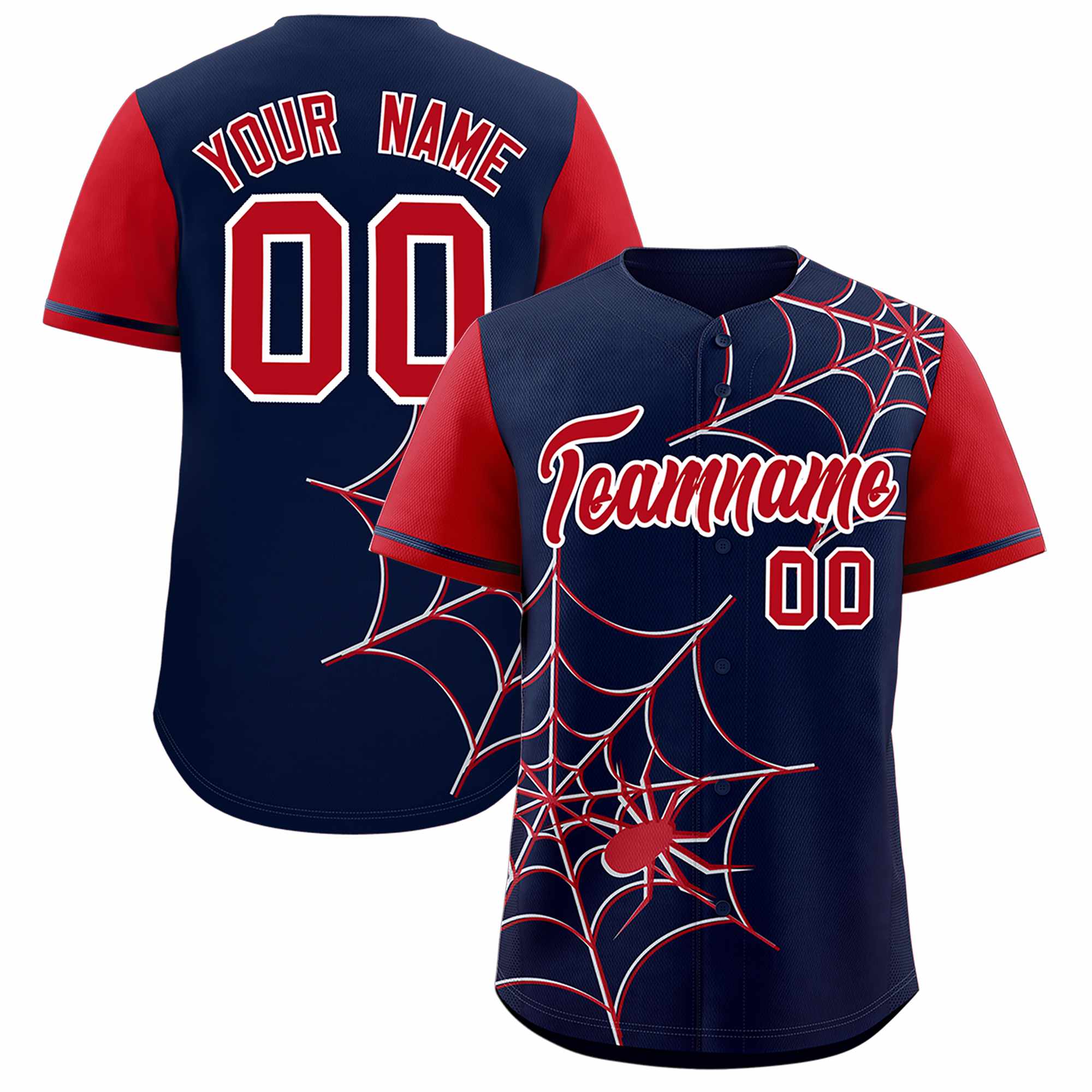 Custom Navy Red Spider Web Pattern Raglan Sleeves Authentic Baseball Jersey