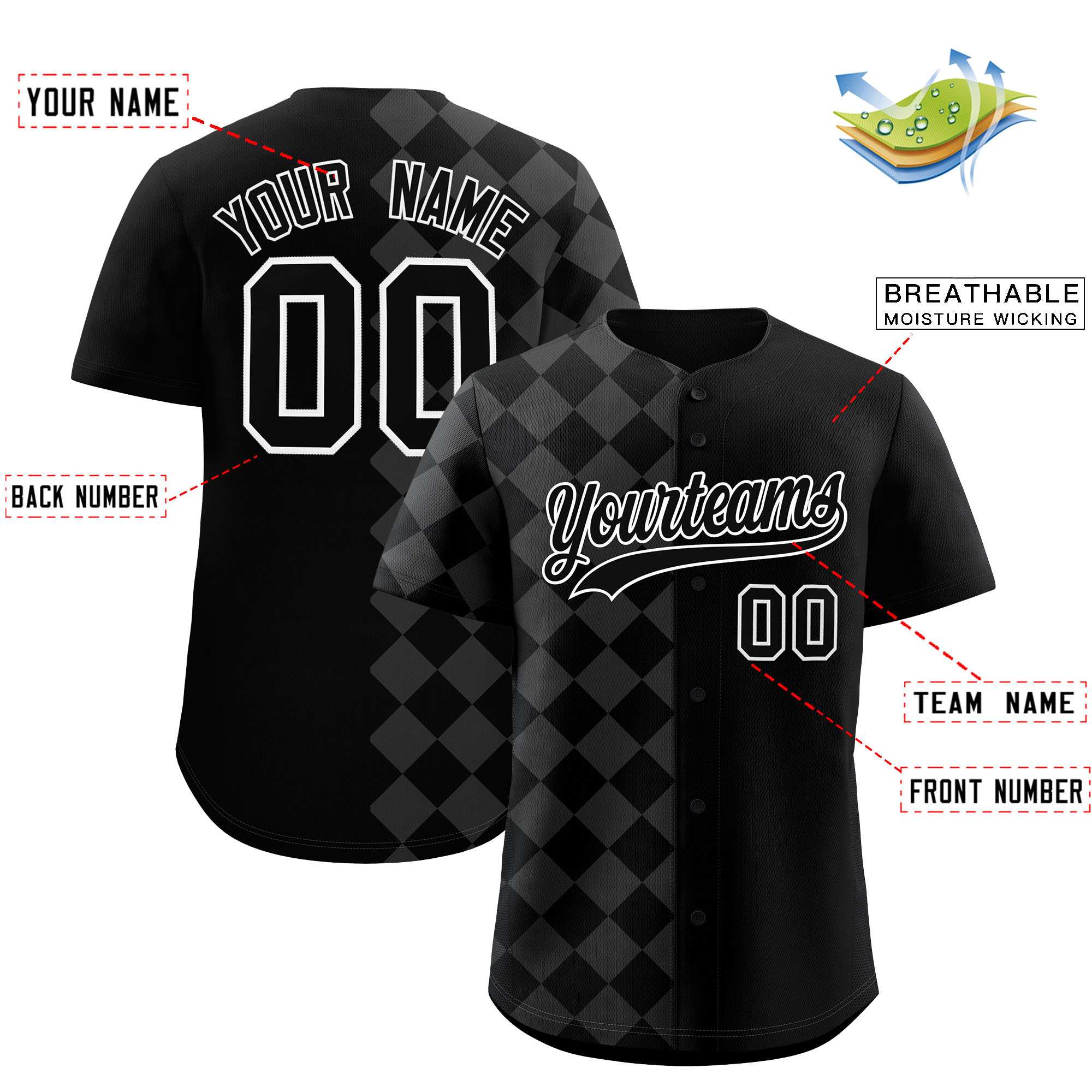 Custom Black Rhombus Design Authentic Baseball Jersey