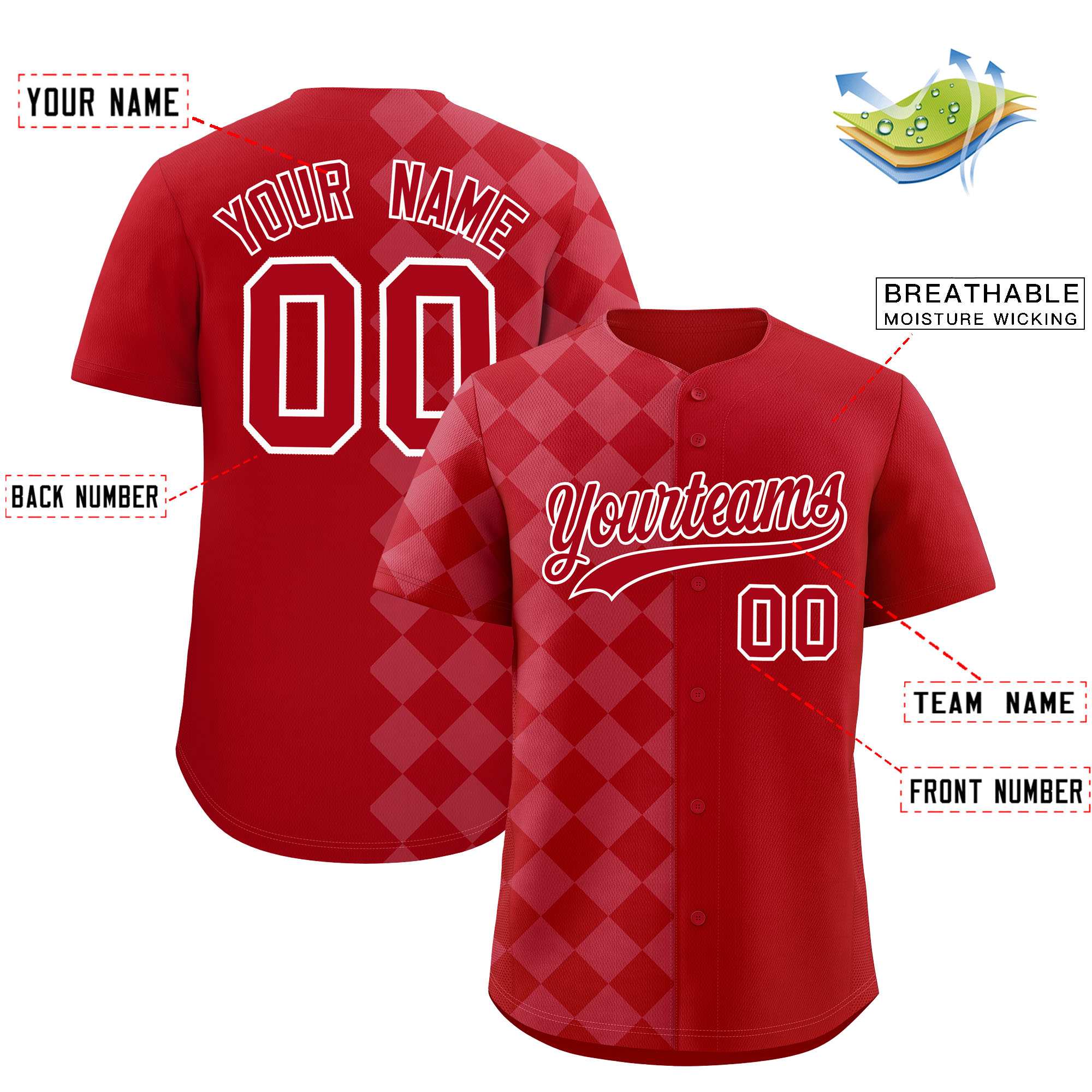 Custom Red Rhombus Design Authentic Baseball Jersey