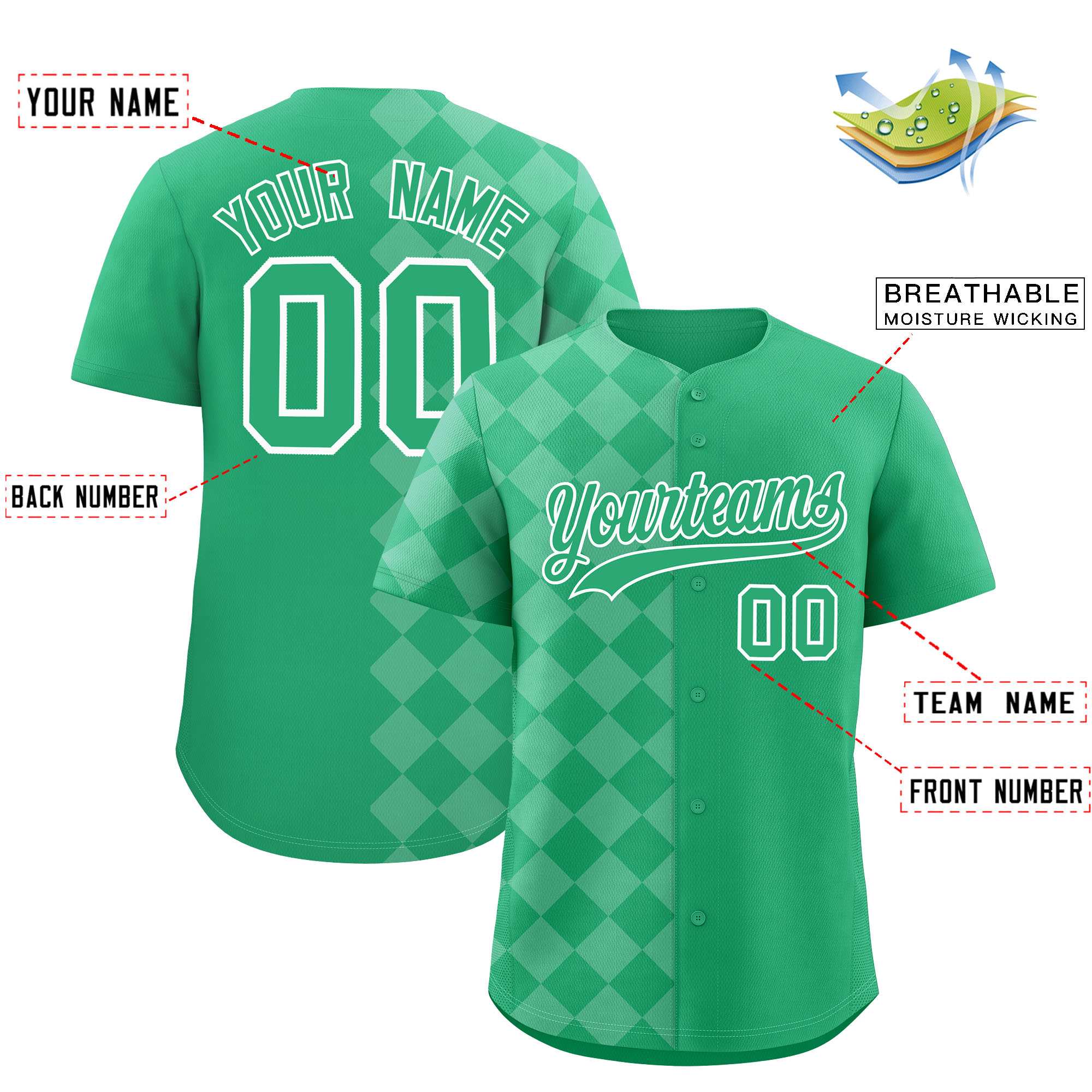 Custom Green Rhombus Design Authentic Baseball Jersey