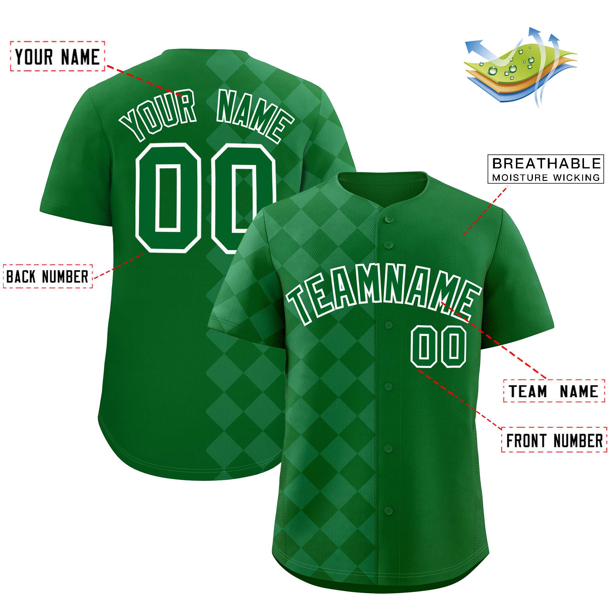 Custom Green Rhombus Design Authentic Baseball Jersey