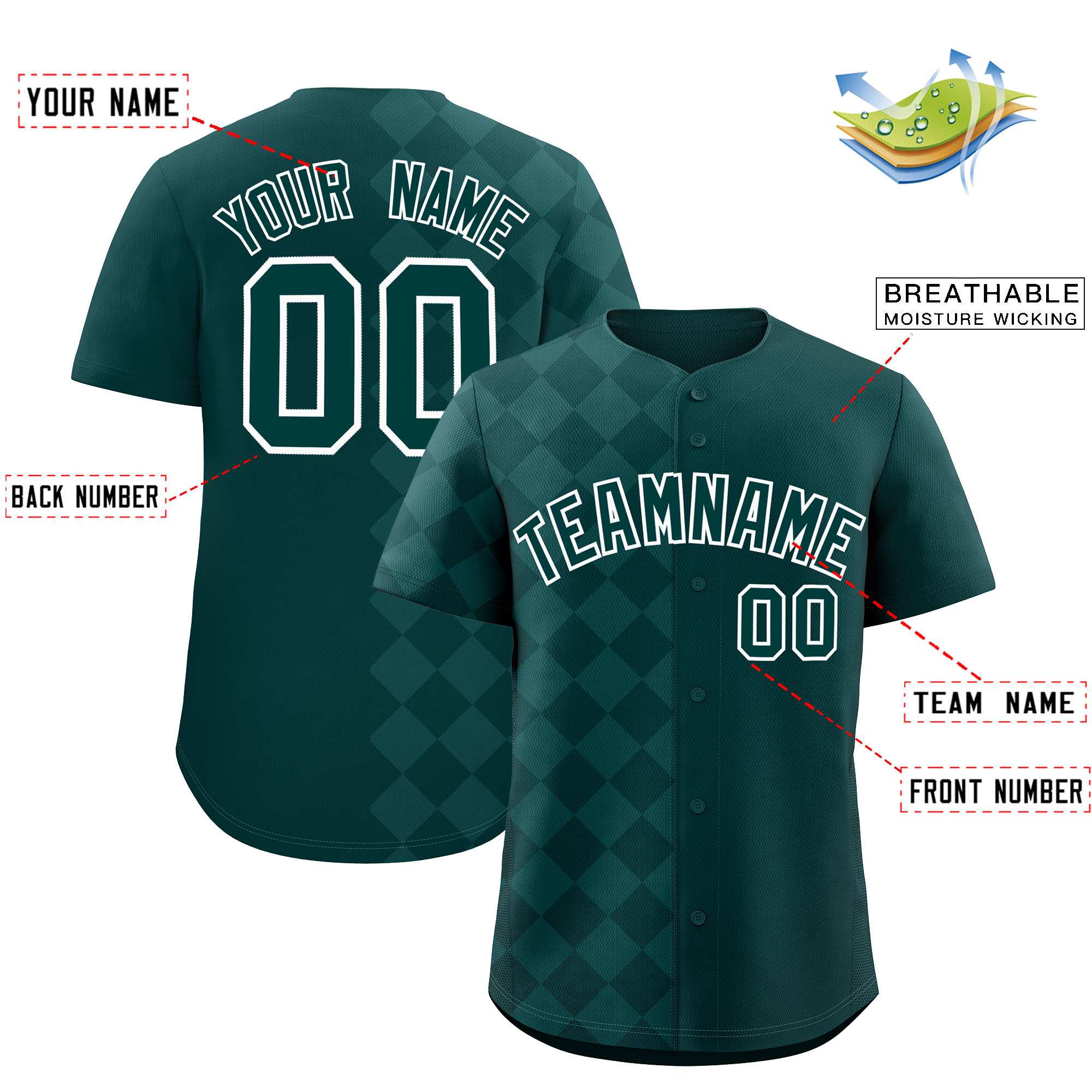 Custom Midnight Green Rhombus Design Authentic Baseball Jersey