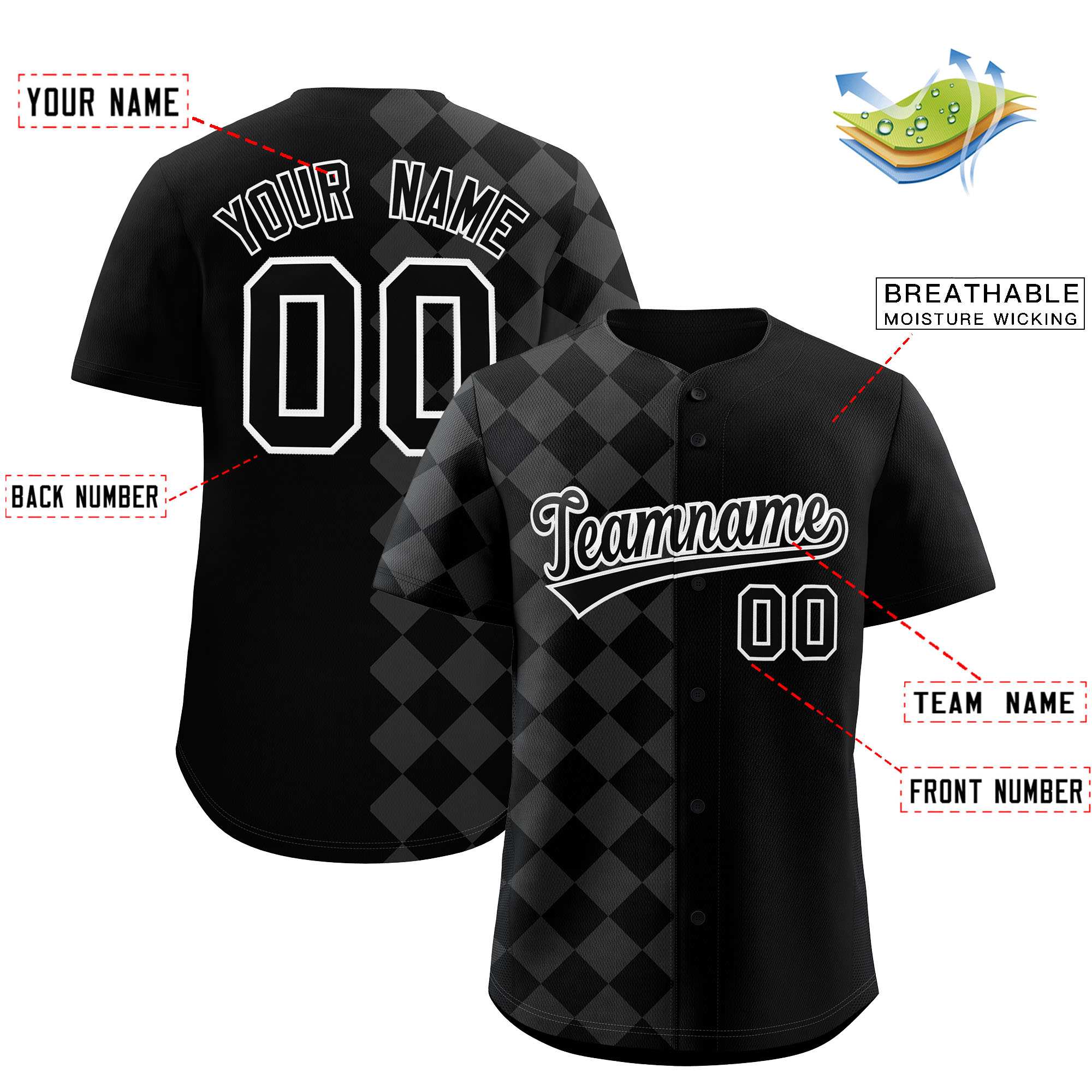 Custom Black Rhombus Design Authentic Baseball Jersey