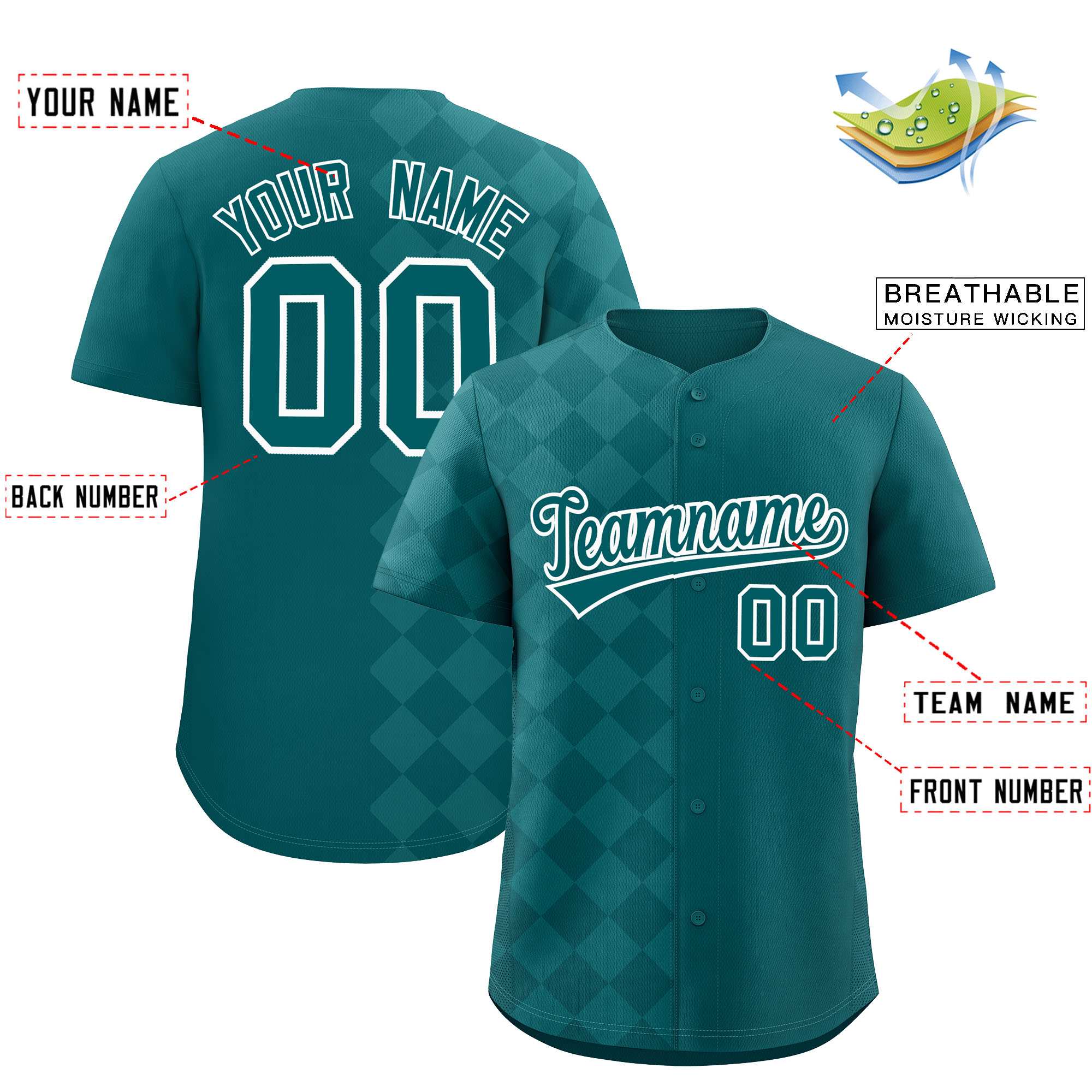 Custom Aqua Rhombus Design Authentic Baseball Jersey