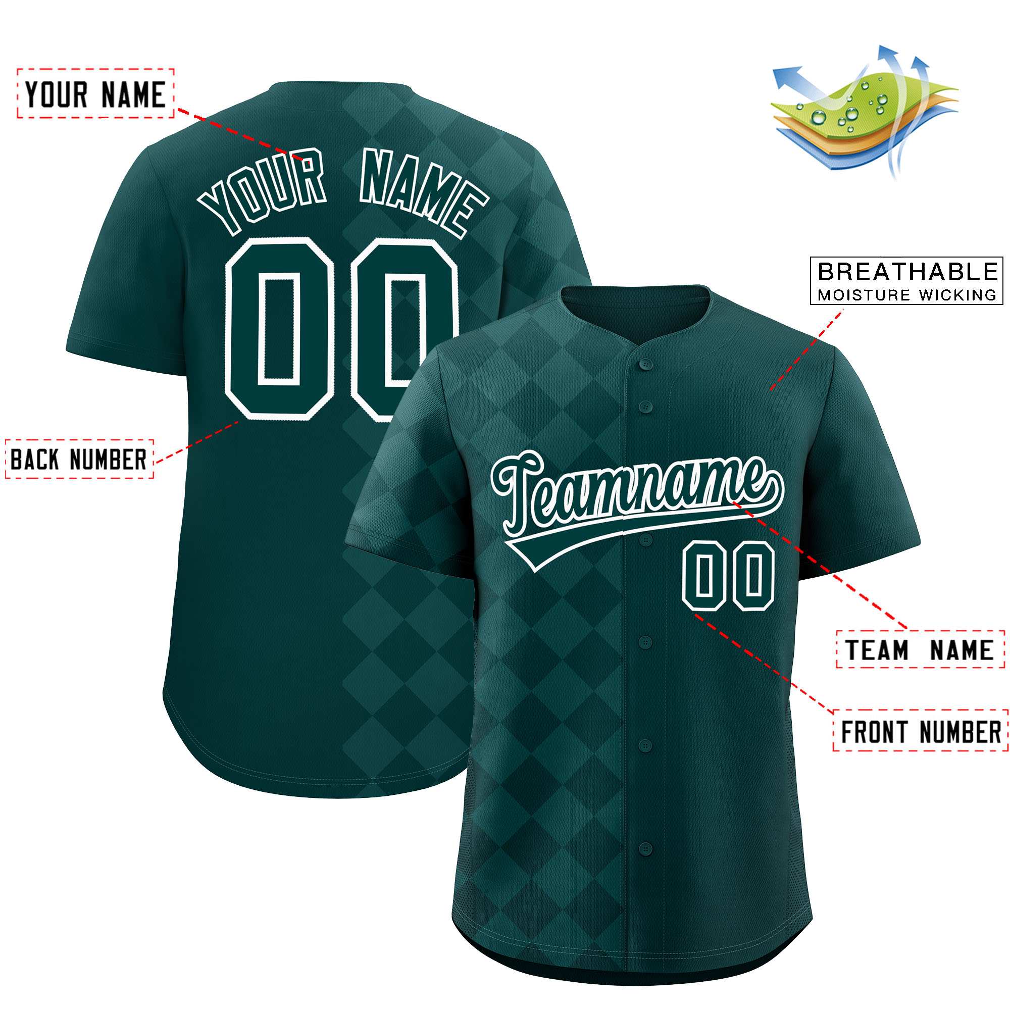 Custom Midnight Green Rhombus Design Authentic Baseball Jersey