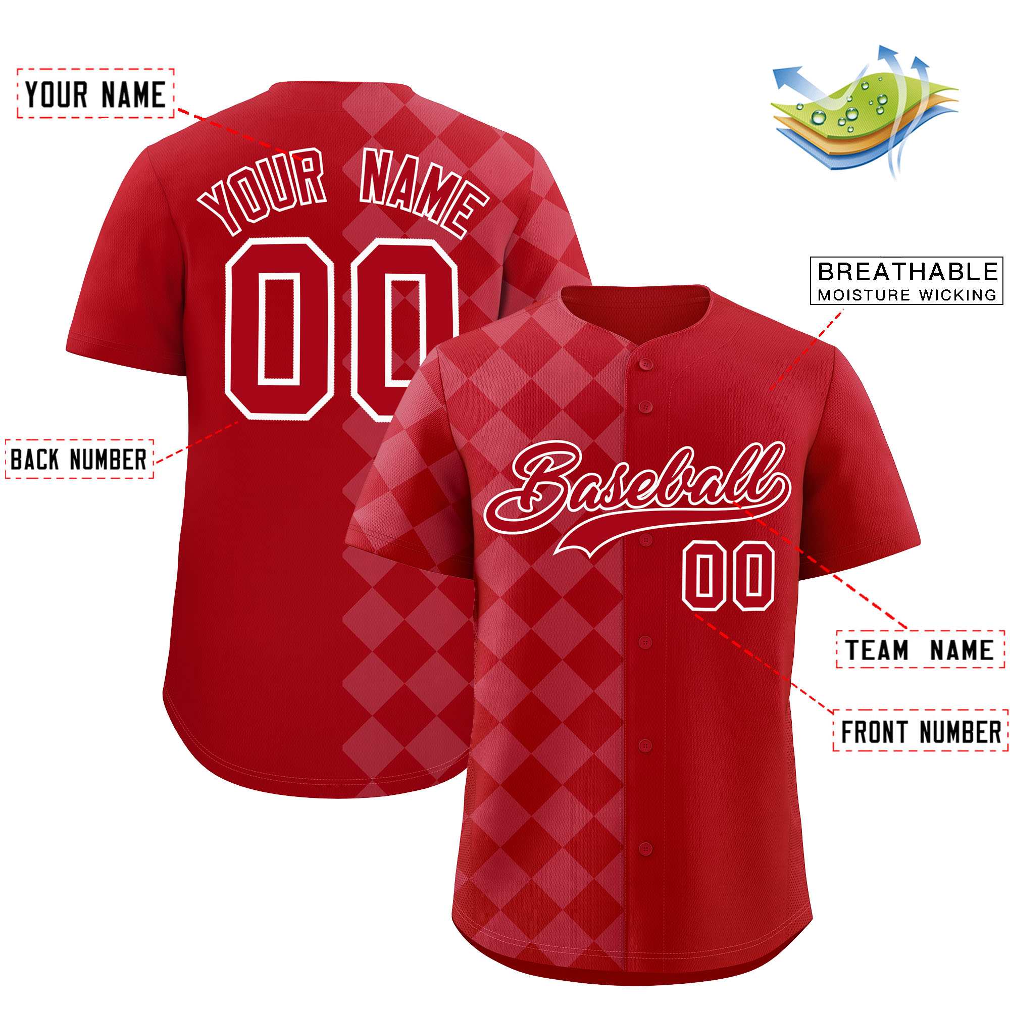 Custom Red Rhombus Design Authentic Baseball Jersey