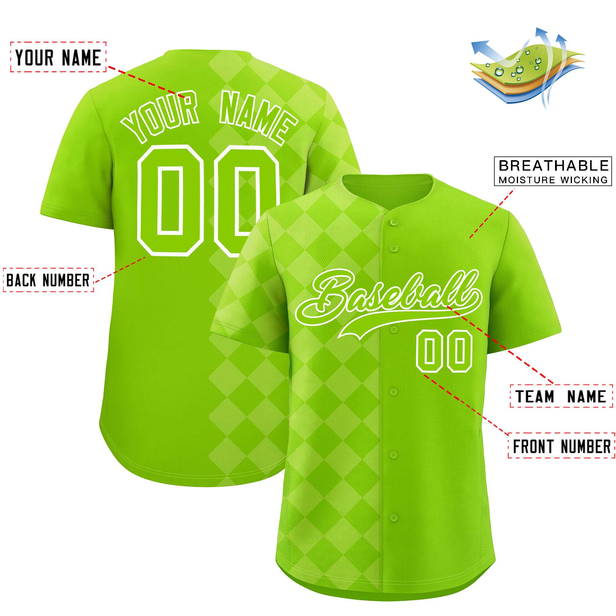 Custom Neon Green Rhombus Design Authentic Baseball Jersey