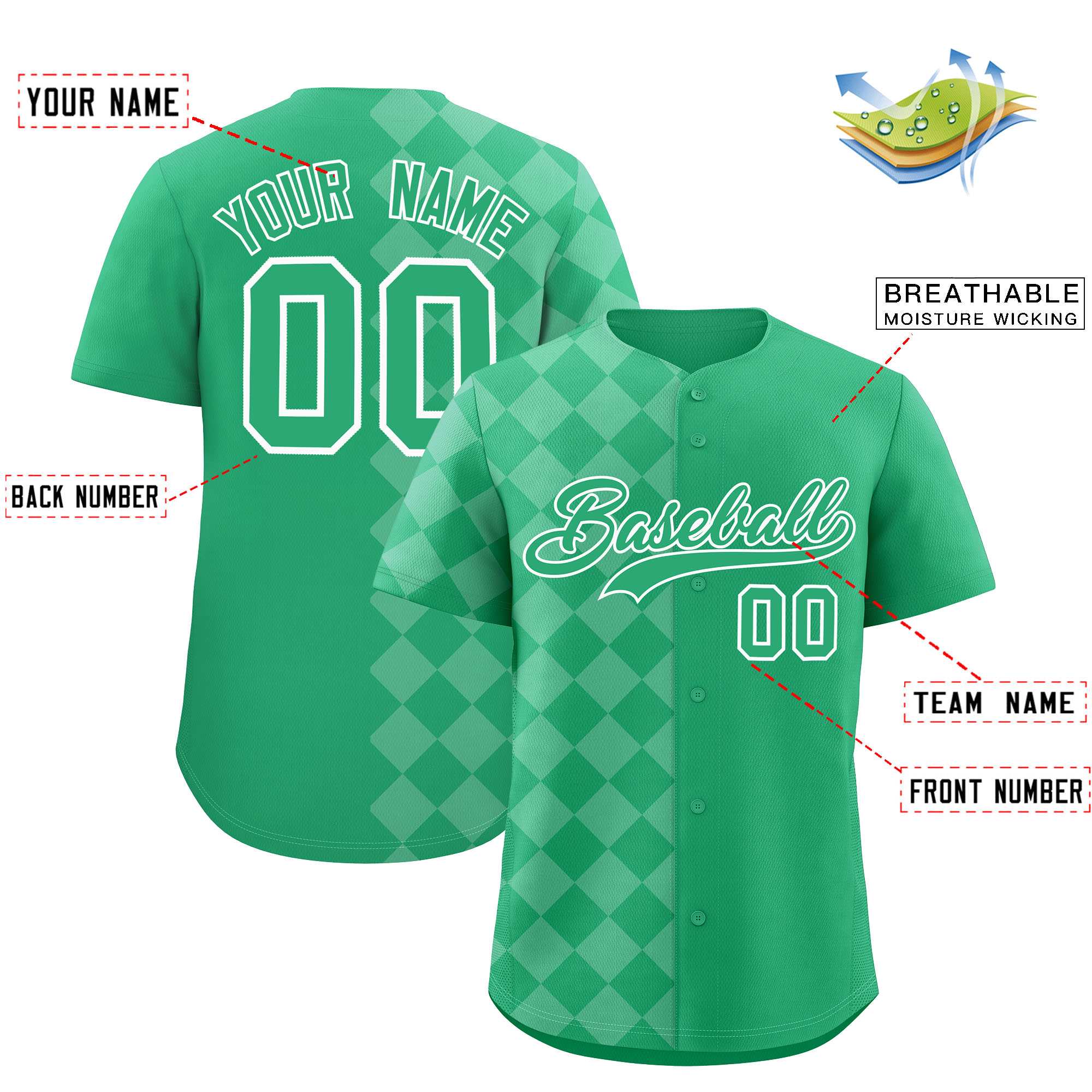 Custom Green Rhombus Design Authentic Baseball Jersey